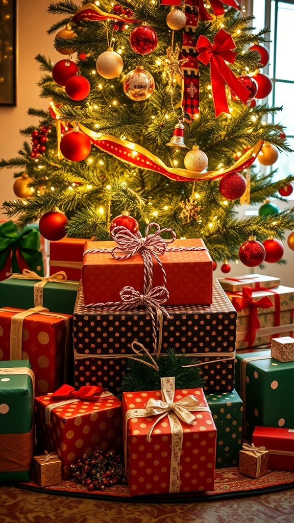 A collection of Christmas gifts under a tree, organized into categories: need, want, read, and wear.